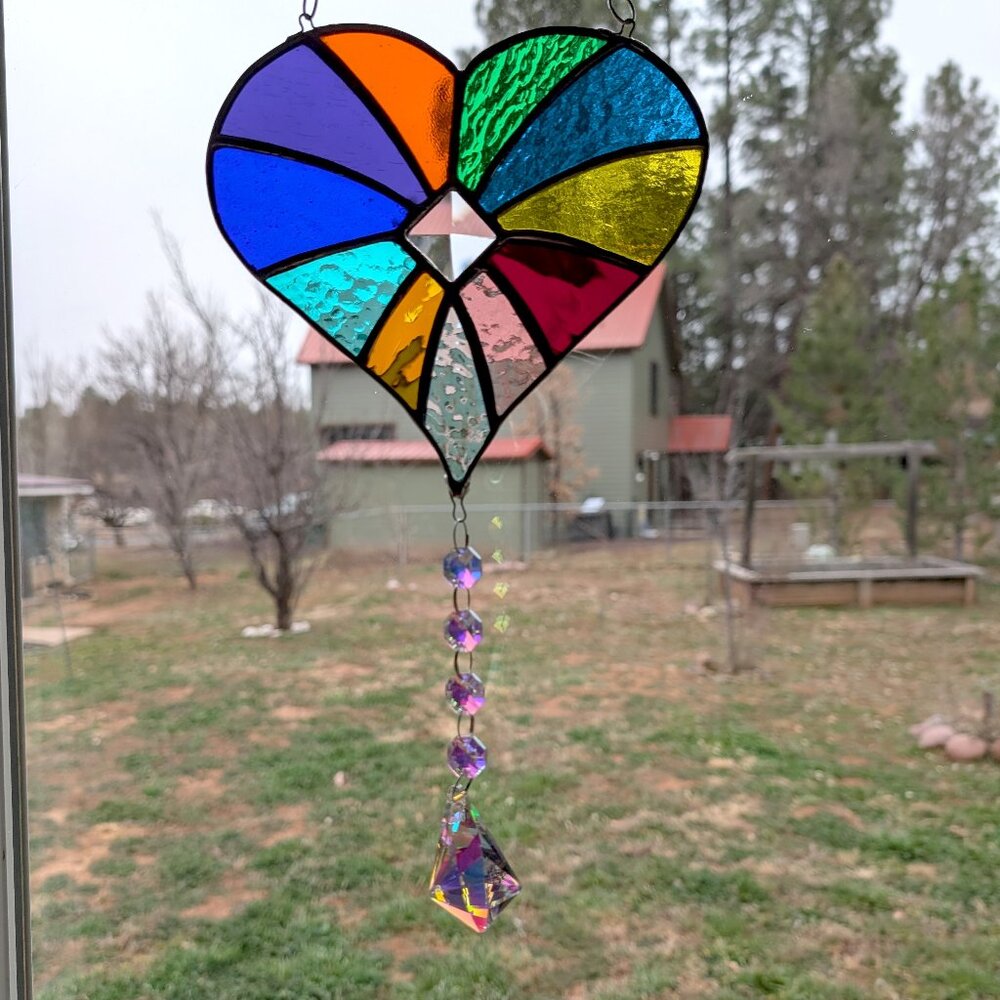 Artisan Rainbow Heart Stained Glass Sun Catcher - 12+ piece Hand-Cut Design